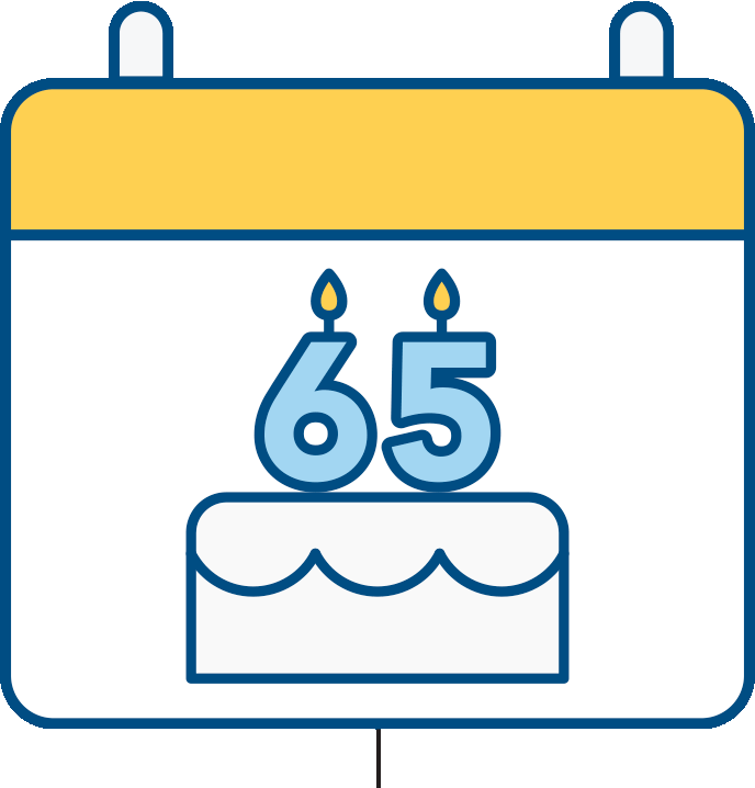 Colored icon of a calendar with a birthday cake and the number 65