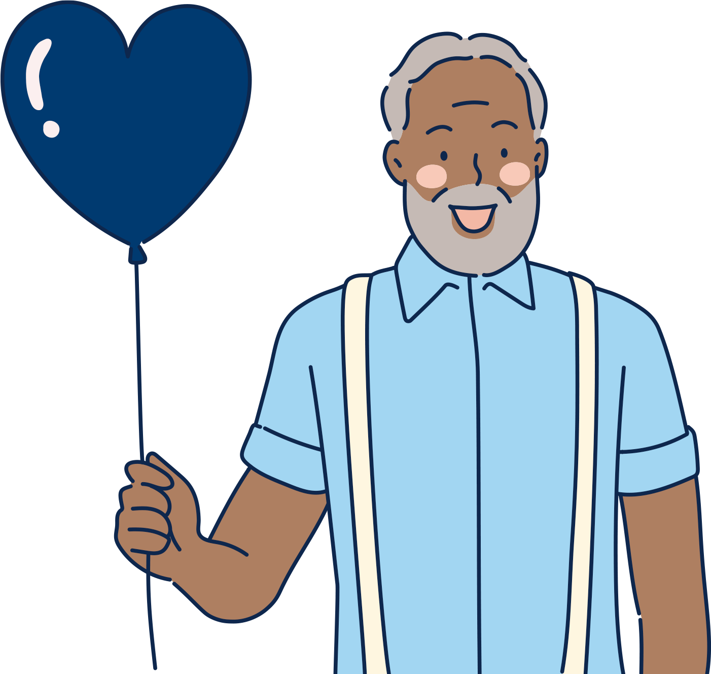 Cartoon of a older man holding a balloon in the shape of a heart